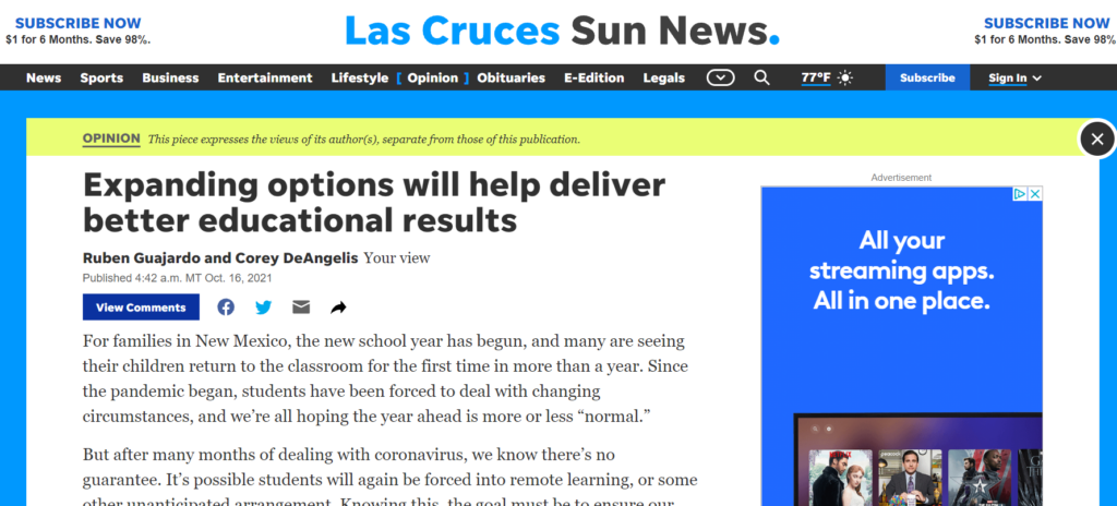 In the Las Cruces Sun News, Ruben Guajardo and Corey DeAngelis argue that expanding options will help deliver better educational results in New Mexico