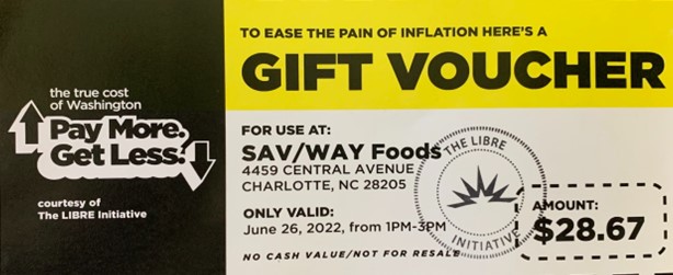 LIBRE's gift vouchers are being handed out at events across the country to provide relief from rising inflation caused by Washington's failed policies. 